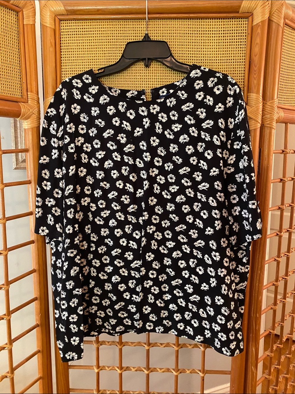 Black Floral Crewneck Blouse with White Blossom Print